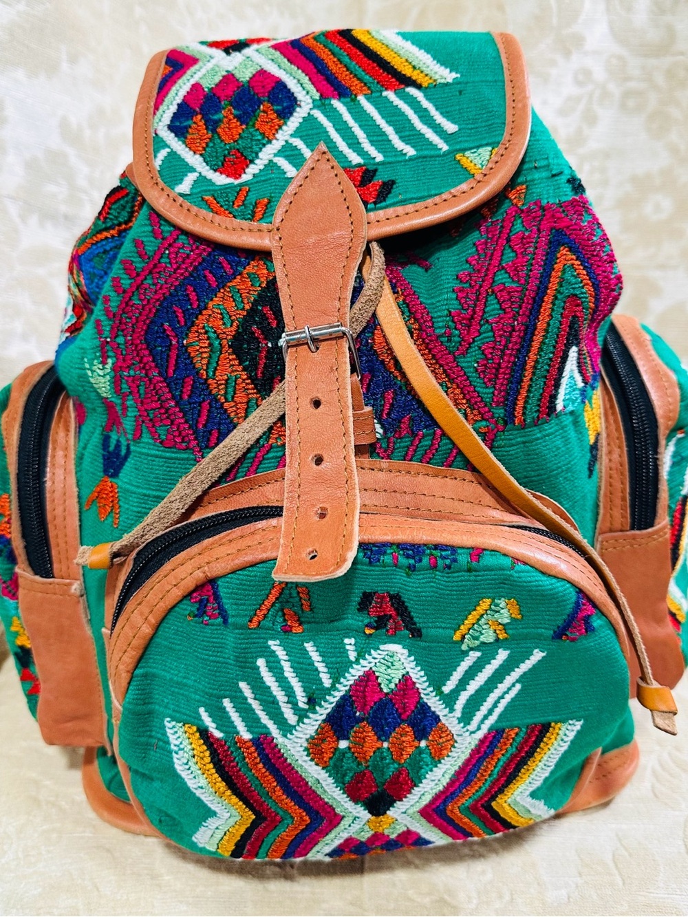 Handcrafted Emerald Embroidered Canvas Backpack with Tan Leather Trim